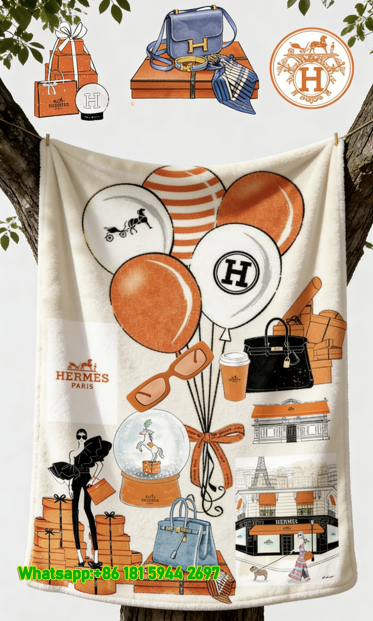 Luxury Hermès Collage Art Flannel Sofa Throw Blanket IMG_4929